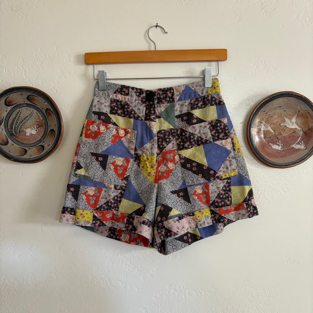 Anthropology Floral Patchwork High Waist Shorts with Front Pockets